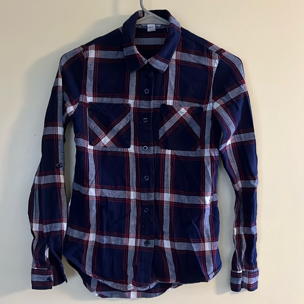 Full Tilt blue, maroon and white plaid flannel